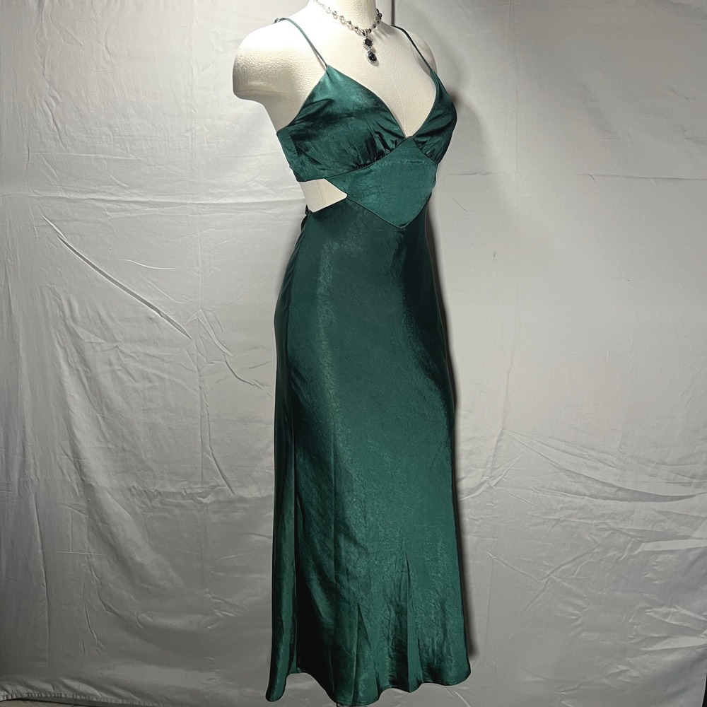 Here Comes The Sun Emerald Green Satin Midi Slip Dress Size S Cutout Cocktail - Picture 3 of 16